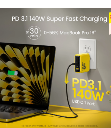 140 Вт GaN Зарядное устройство PD3.1 3-портовый тип C Быстрая зарядка для ноутбука Macbook Pro Донецк