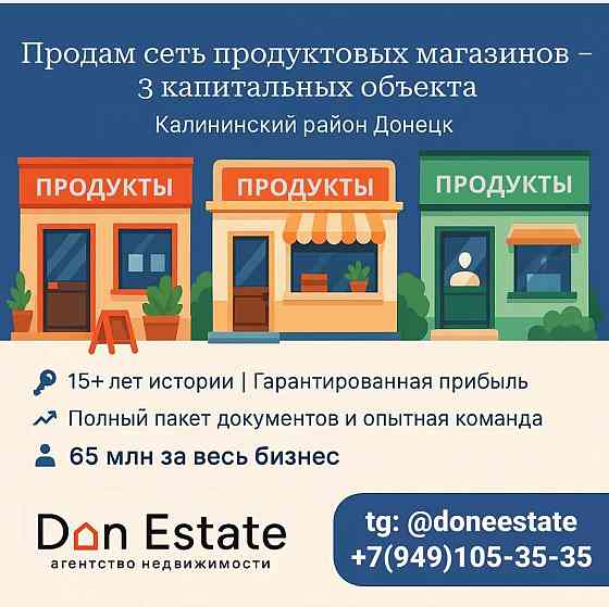 Продам 3 отдельно стоящих продуктовых магазина одной сети Донецк