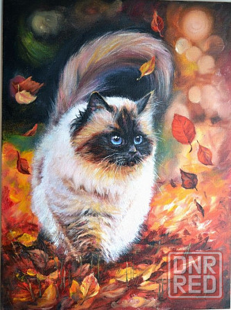 Картина маслом "Кот в листве" живопись, сиамская кошка, осенний пейзаж, кошка в лесу Донецк - изображение 1
