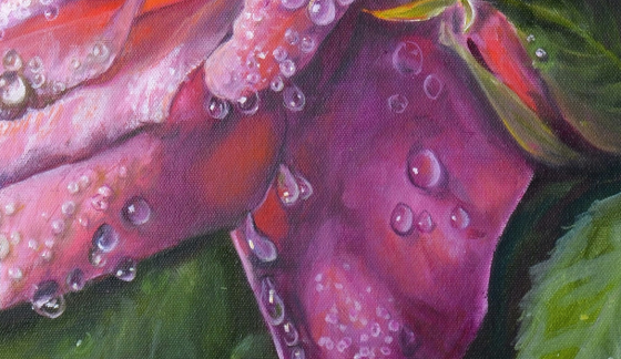 Картина маслом "Роза в капельках росы", живопись, картина с цветами, капельки росы на цветах и листь Донецк