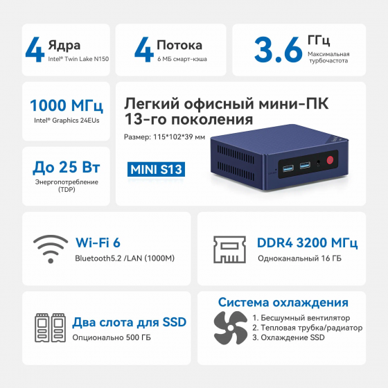 Мини-пк Beelink S13, Intel N150, Озу 16 гб, SSD 500 гб, Windows 11 Pro, Wi-Fi 6, Bluetooth 5,2 Макеевка