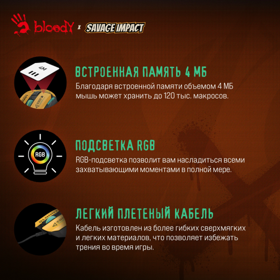 Игровая мышь A4Tech Bloody W63 Max Renegade (желтый), сенсор оптический 12000 dpi, 9 кнопок Макеевка