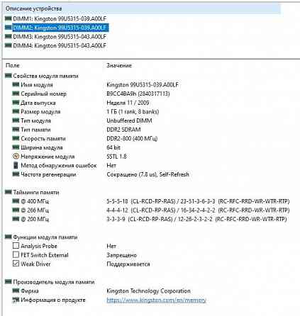 DDR2 4Gb 1066MHz (PC2-8500) Kingston - KHX8500D2K2/2G - DDR2 1Gb+1Gb+1Gb+1Gb 1066MHz - PC2-8500 CL5 Донецк