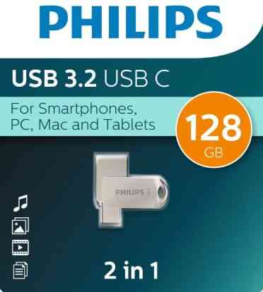USB, Type-C-флешка 128Gb PHILIPS 2-in-1 USB 3.2 USB C, OTG, USB 3.2/Type-C, Металл, 100 MB/s Донецк