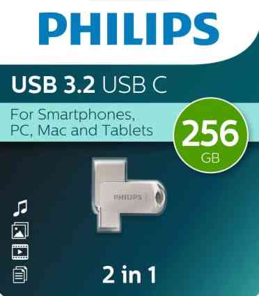 USB, Type-C-флешка 256Gb PHILIPS 2-in-1 USB 3.2 USB C, OTG, USB 3.2/Type-C, Металл, 100 MB/s Донецк