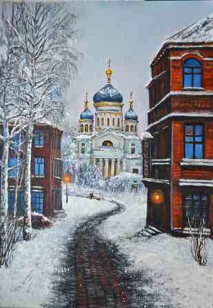Картина маслом "Путь к храму" живопись, картина с церковью,собор, зимний пейзаж, березы, снег дорога Донецк