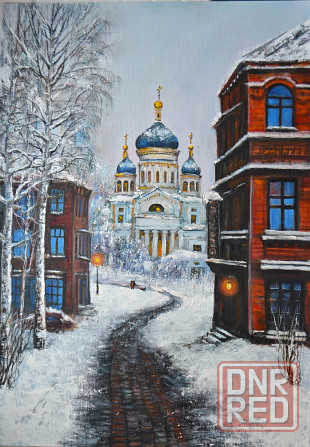 Картина маслом "Путь к храму" живопись, картина с церковью,собор, зимний пейзаж, березы, снег дорога Донецк - изображение 1