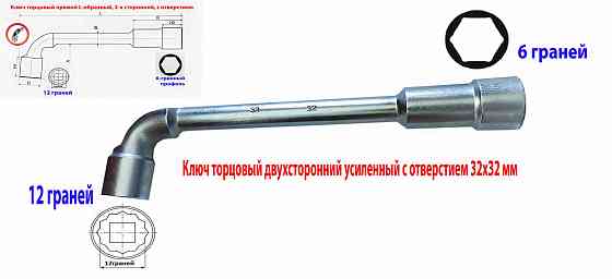 Ключ торцовый с отверстием 32х32 мм, усиленный, L-образный, 2-х сторонний, Cr-V, длина 360 мм. Донецк