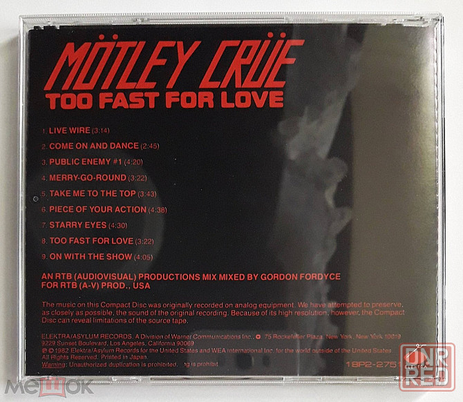 Mötley Crüe - 1982 "Too Fast For Love", компакт-диск | CD (1989), Elektra, 18P2-2751, Япония | Japan Донецк - изображение 4