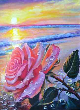 Картина маслом "роза на берегу" живопись, закат на море, красивая роза, пейзаж, цветы Донецк