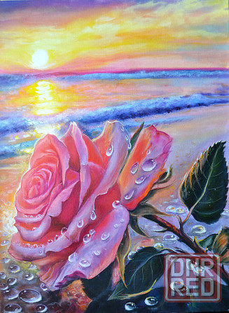 Картина маслом "роза на берегу" живопись, закат на море, красивая роза, пейзаж, цветы Донецк - изображение 1