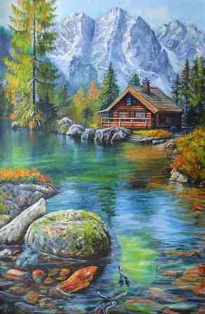 Картина маслом "Домик в горах" летний пейзаж с горной рекой, горы, сосновый бор, деревянный домик Донецк