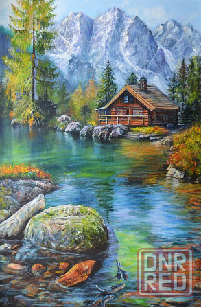 Картина маслом "Домик в горах" летний пейзаж с горной рекой, горы, сосновый бор, деревянный домик Донецк - изображение 1