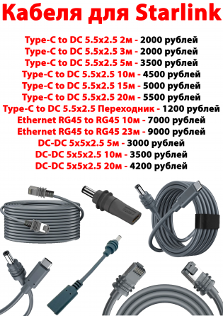 Кабеля для Starlink (Type-C 5.5x2.5, Ethernet RJ45-RJ45, переходники) Донецк