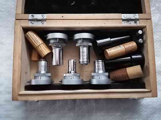 Набор объективов для микроскопа (6 штук) в деревянном футляре . ссср. Стаханов