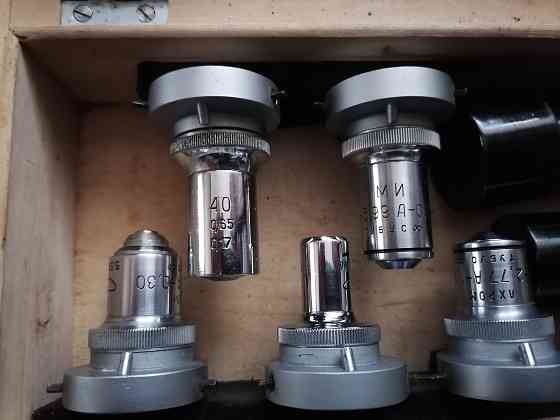 Набор объективов для микроскопа (6 штук) в деревянном футляре . ссср. Стаханов