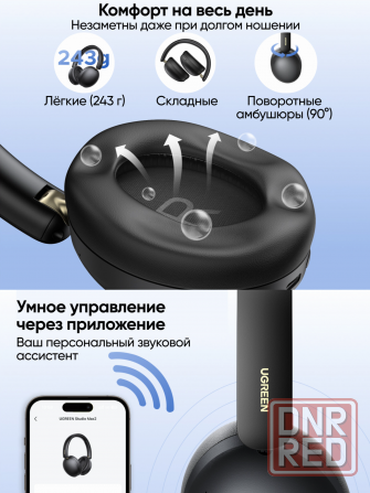 Накладные наушники беспроводные Ugreen Hp205 (45018) Studio Max2 Light Wireless Headphones. цвет: че Макеевка - изображение 4