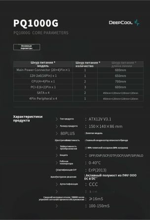 Блок питания Deepcool Pq1000g, Atx 3.1 Gold, 1000 вт, черный (арт-3639) Макеевка