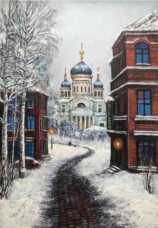 Картина "Путь к храму" зимний пейзаж с церковью,снег, картина для интерьера купить светлую картину, Донецк