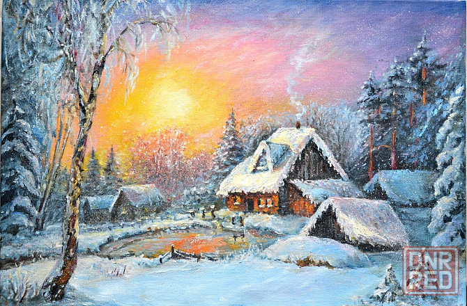 Картина маслом "Рождество" зимний пейзаж, дом у озера, заснеженный лес в инее, снег, сугробы, изба Донецк - изображение 1
