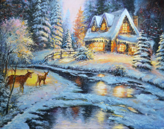 Картина маслом "Рождественское чудо" зимний пейзаж,снег, заснеженный лес, елки, домик в лесу у озера Донецк