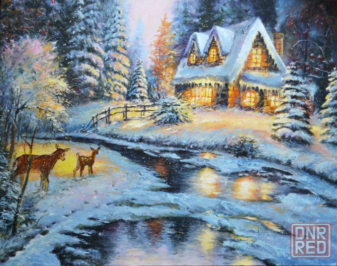 Картина маслом "Рождественское чудо" зимний пейзаж,снег, заснеженный лес, елки, домик в лесу у озера Донецк - изображение 1