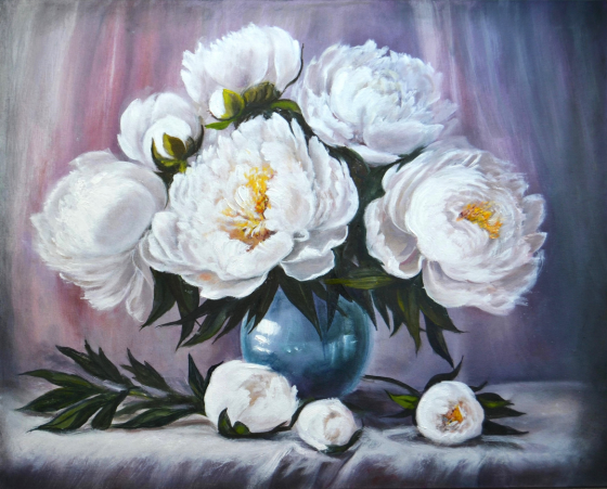 Картина "Белые пионы" натюрморт цветы, картина с пионами, купить картину маслом, цветы в вазе, белые Донецк