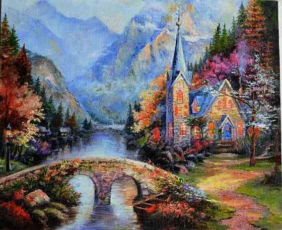 Картина маслом "Горная часовня" летний пейзаж, горы, мост, красивая природа Донецк
