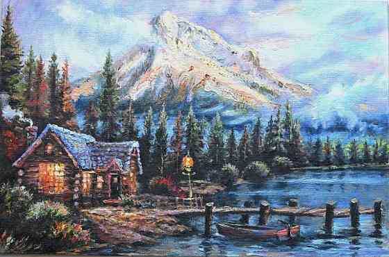 Картина маслом "Домик у озера" Томас Кинкейд летний пейзаж,лес, река, лодка, горы, вечерний пейзаж Донецк