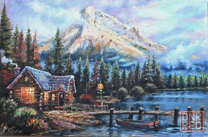 Картина маслом "Домик у озера" Томас Кинкейд летний пейзаж,лес, река, лодка, горы, вечерний пейзаж Донецк - изображение 1