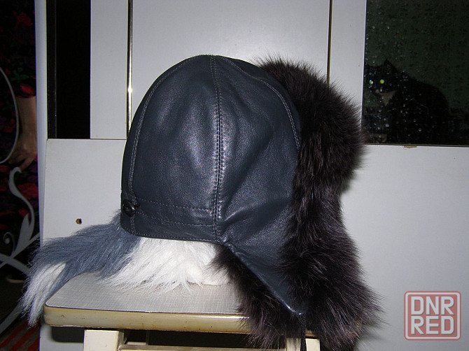Шапка-ушанка кожанная с мехом песца. Макеевка - изображение 2
