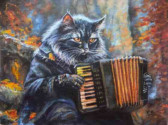 Купить картину маслом "Кот Баюн" осенний пейзаж,лес, русские сказки, красивая картина с черным котом Донецк