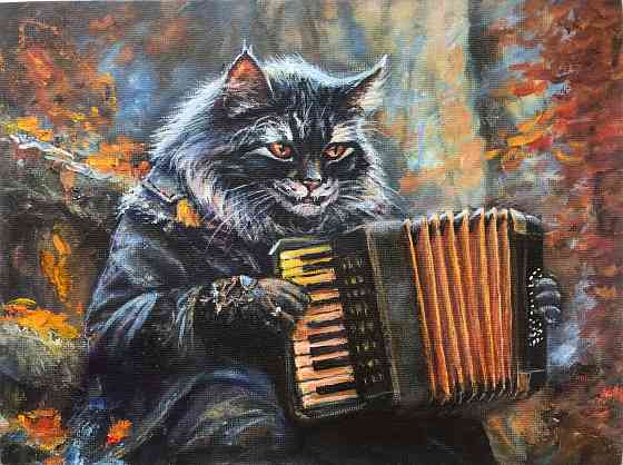 Купить картину маслом "Кот Баюн" осенний пейзаж,лес, русские сказки, красивая картина с черным котом Донецк