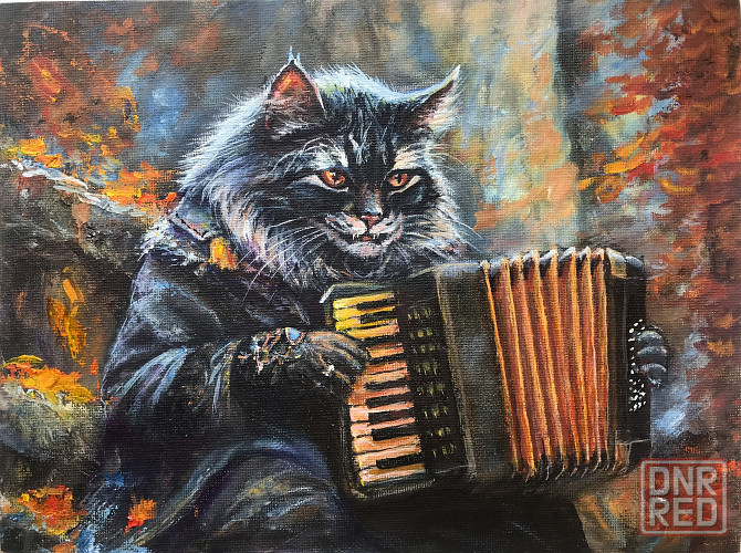 Купить картину маслом "Кот Баюн" осенний пейзаж,лес, русские сказки, красивая картина с черным котом Донецк - изображение 1
