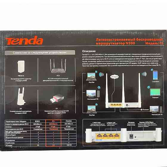 Wi-Fi роутер TENDA F3, Wi-Fi 4, N300, 2.4ГГц, 3 LAN Донецк