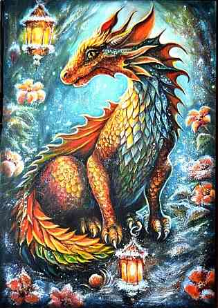 "Картина Дракон с фонарями" символ 2024 года, власти и мудрости и успеха, золотой,серебряный,черный Донецк