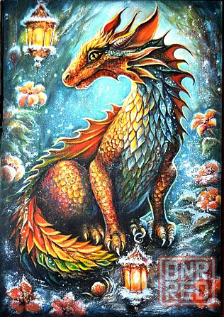 "Картина Дракон с фонарями" символ 2024 года, власти и мудрости и успеха, золотой,серебряный,черный Донецк - изображение 1