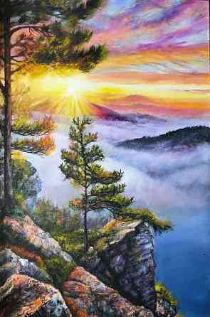 Купить картину маслом "Рассвет на вершине мира" живопись, размер 60х40 см,летний пейзаж, красивая п Донецк