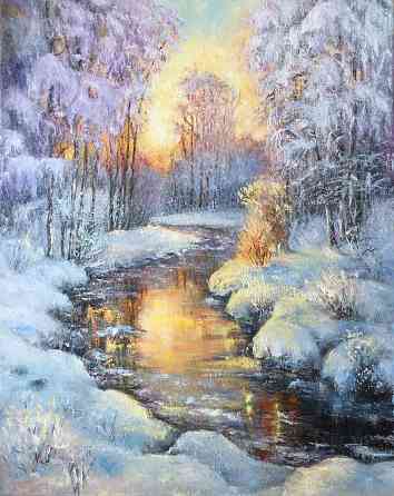 Купить картину маслом "Зимний лес с ручьем", живопись, иней на деревьях,березы в снегу,зимняя река Донецк