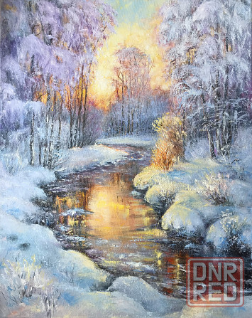 Купить картину маслом "Зимний лес с ручьем", живопись, иней на деревьях,березы в снегу,зимняя река Донецк - изображение 1
