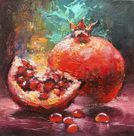 Купить картину маслом на холсте на кухню с фруктами "Сладкий гранат", красивый натюрморт, синяя Донецк