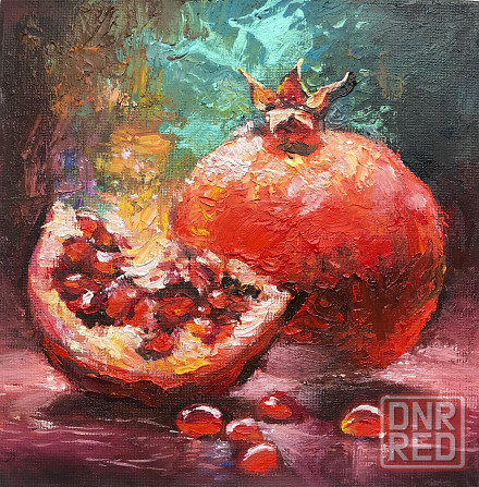 Купить картину маслом на холсте на кухню с фруктами "Сладкий гранат", красивый натюрморт, синяя Донецк - изображение 1