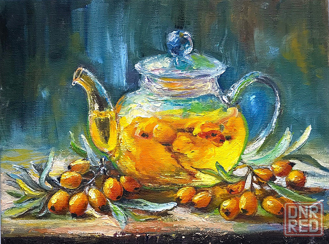 Купить картину маслом с фруктами ягодами Облепиховый чай картина голубая с желтым,красивый натюрморт Донецк - изображение 1