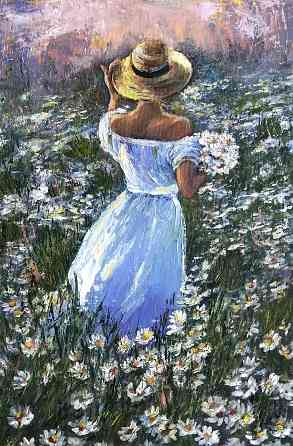 Купить картину маслом на холсте "Лето. Ромашковое поле" белые цветы, ностальгия Донецк