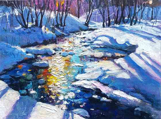 Купить картину маслом на холсте "Весенний ручей", пастозная живопись солнечная картина, пейзаж арт, Донецк