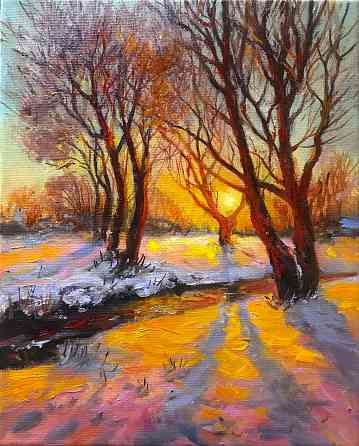 Купить картину маслом на холсте "Солнце в ветвях" яркий зимний пейзаж, импрессионизм, деревья Донецк