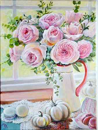 Купить картину маслом "Нежные розы" живопись, картина от художника, натюрморт, размер 30*40 см Донецк