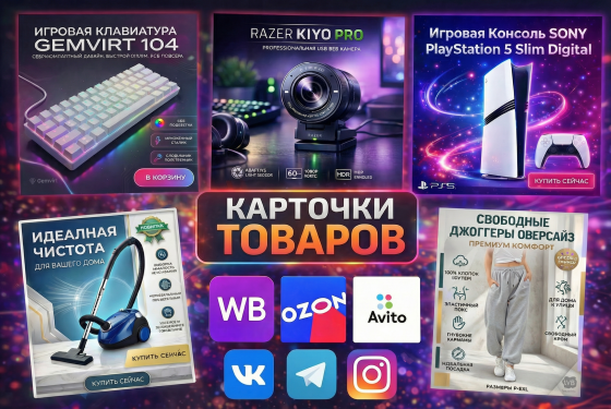 Карточки товара WB, OZON, Avito, Vk, Telegram Москва