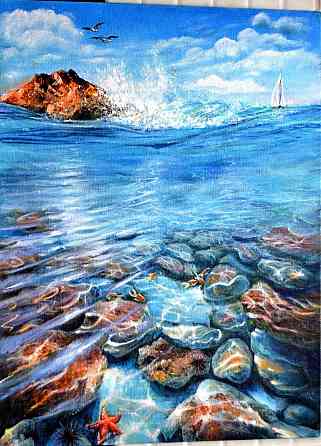 Купить картину "Морской берег", размер 30*40 см, волна, брызги,чайки,парусник, рыбки, морская звезда Донецк