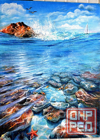 Купить картину "Морской берег", размер 30*40 см, волна, брызги,чайки,парусник, рыбки, морская звезда Донецк - изображение 1